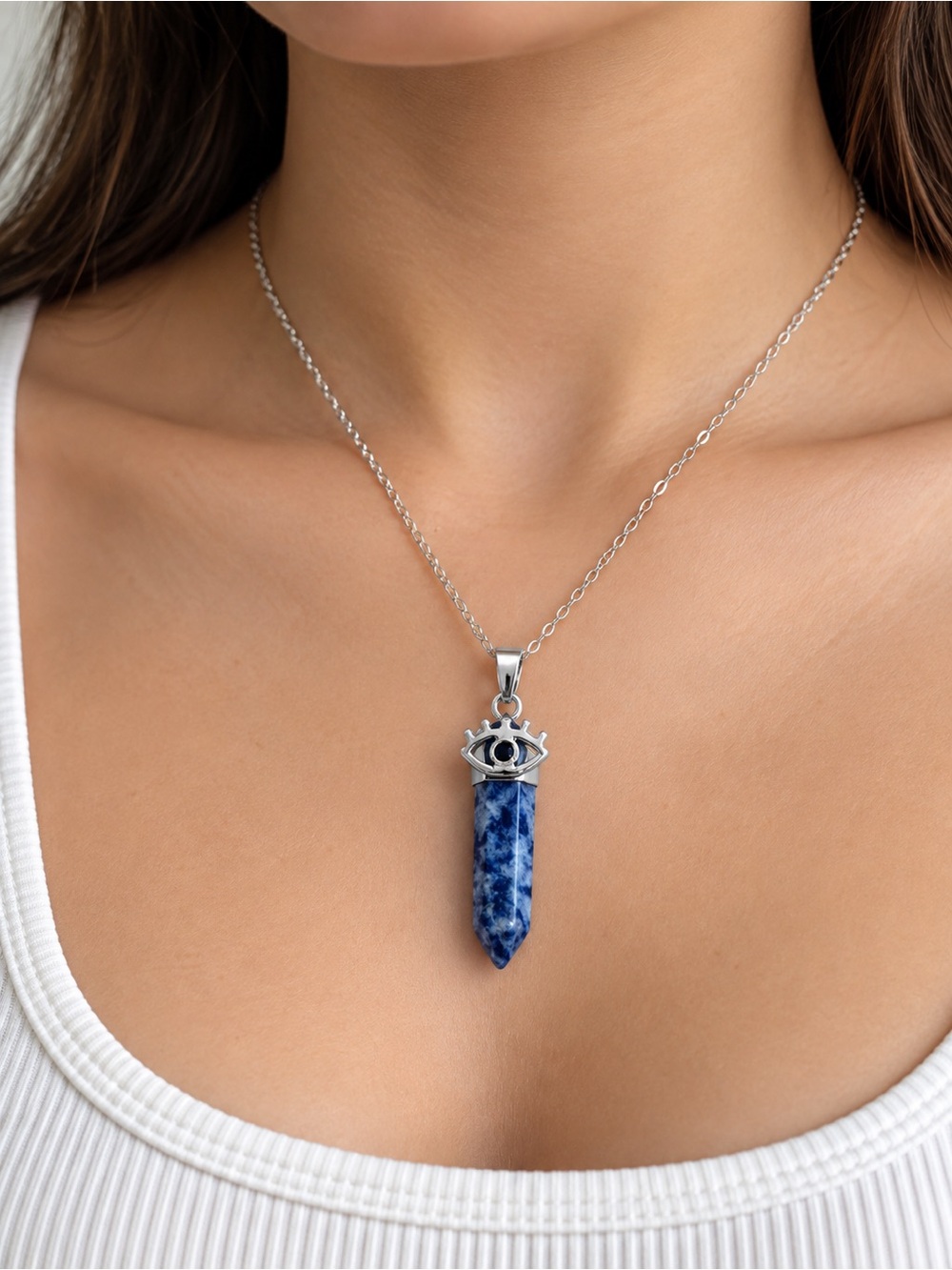 925 Sterling Silver Blue Sodalite Evil Eye Pendant Necklace - Women Jewelry